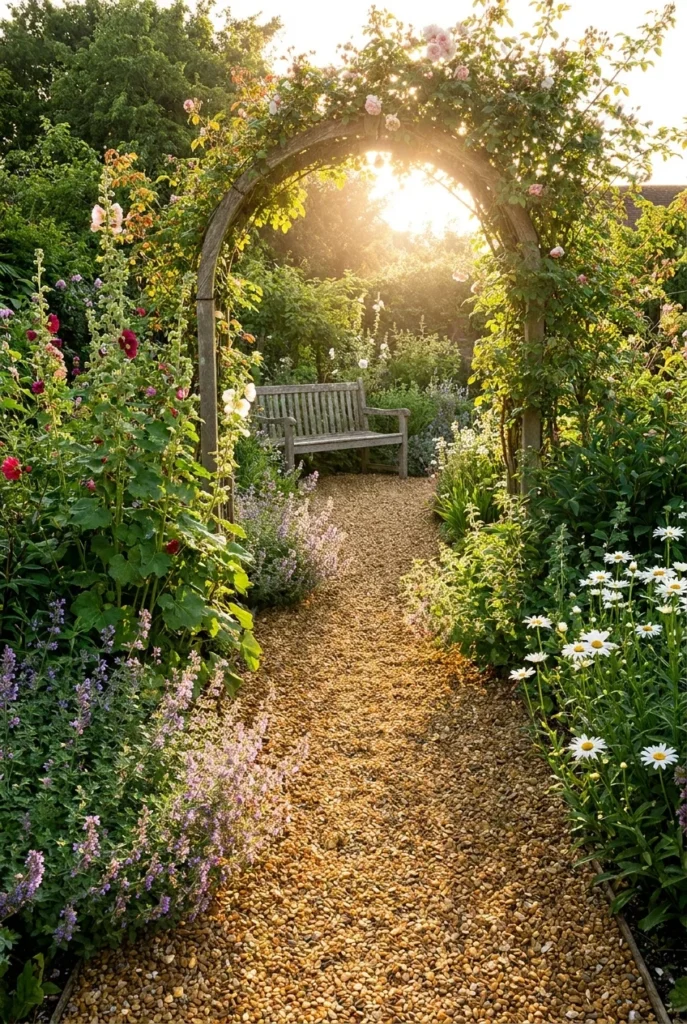 Finished cottage garden path curving to a bench beneath a rose arch at golden hour