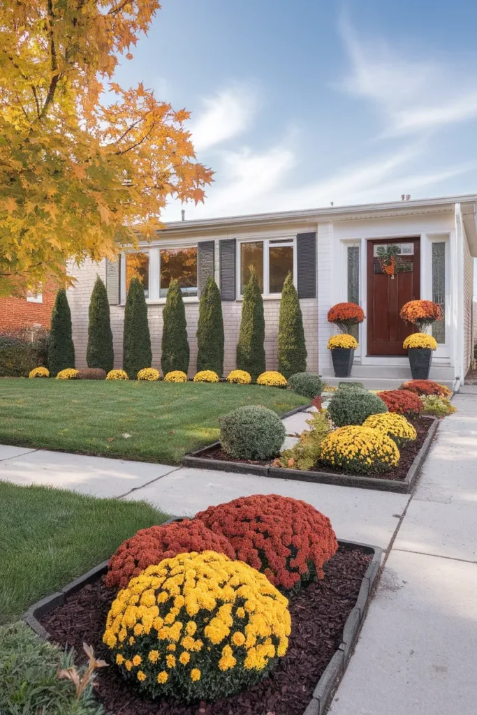 Finished front yard landscaping ideas for curb appeal with deep beds and fall containers