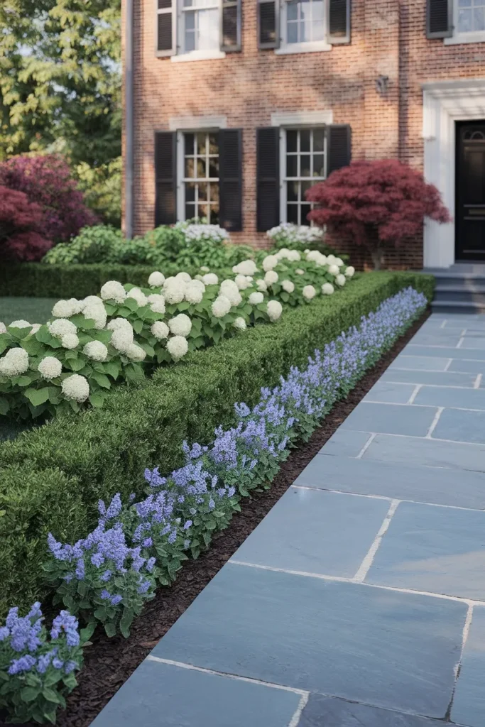Finished garden ideas front of house with layered beds and a wide bluestone walk