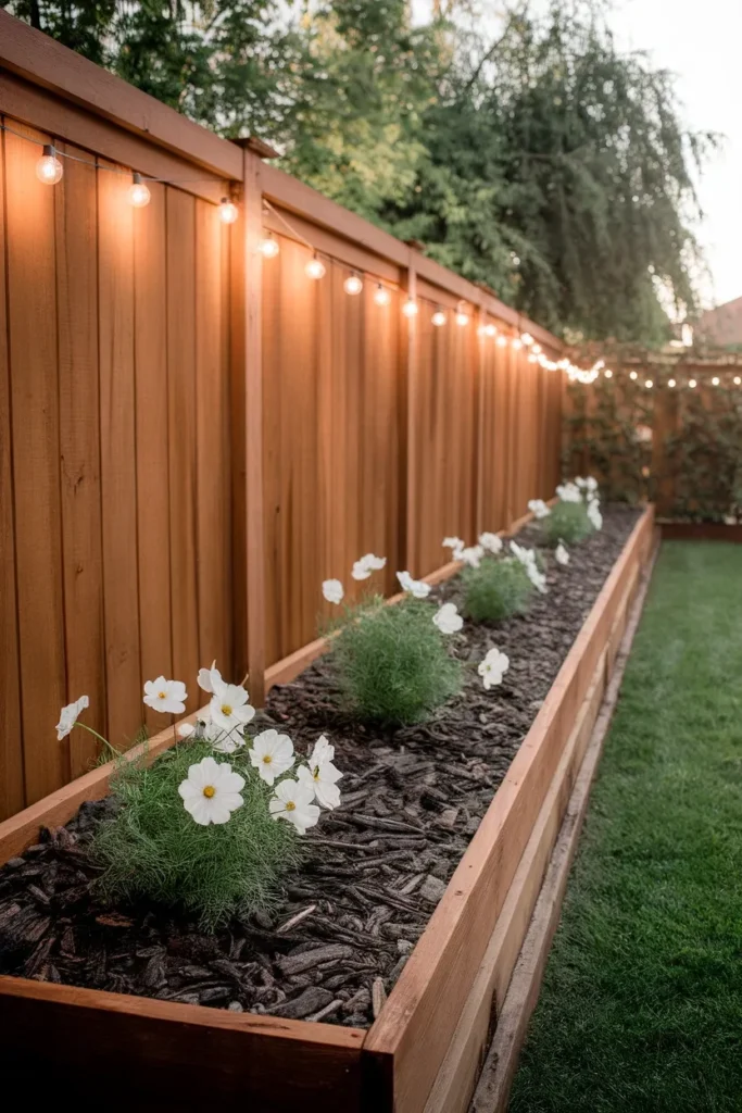 Finished raised garden bed along fence with mulch, white cosmos and string lights
