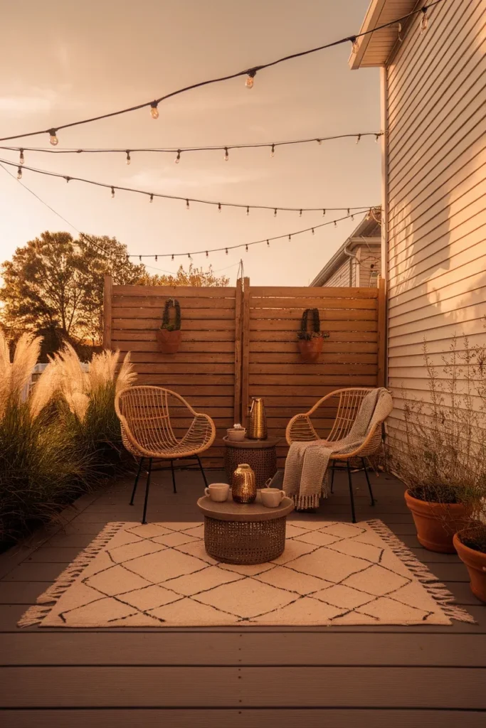 Finished renter friendly backyard makeover patio in fall with rug, screen, and string lights
