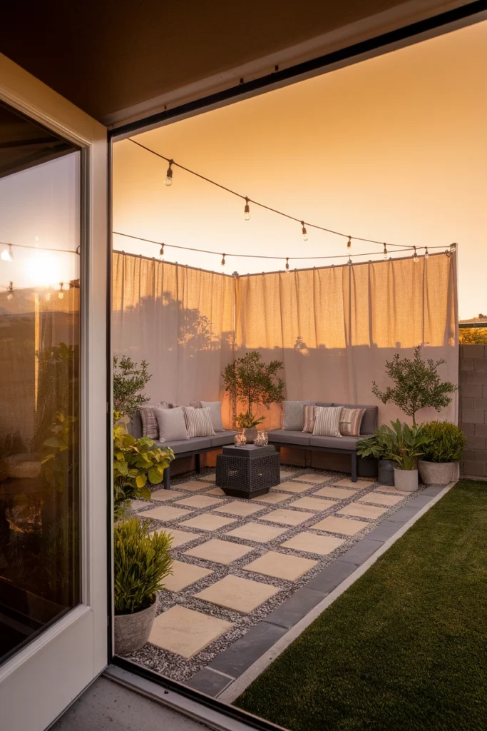 Finished small backyard oasis corner seen from the back door at golden hour