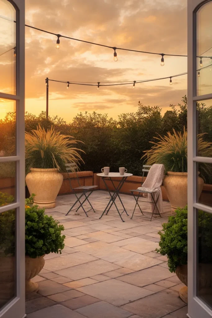 Finished small backyard patio ideas with open floor, containers, and string lights