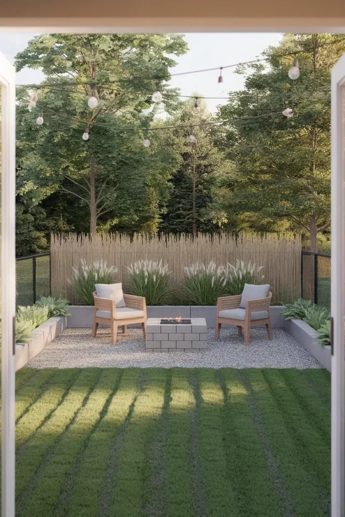 Finished ugly backyard makeover cheap result with gravel seating and screened fence