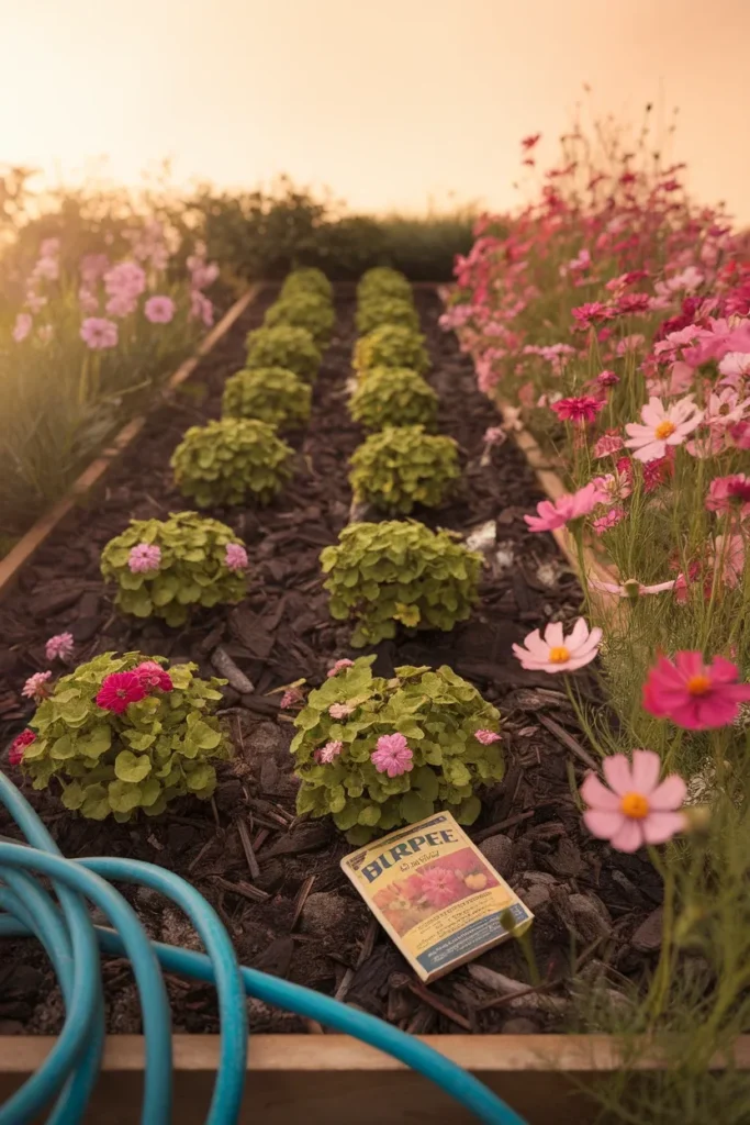 First year cottage garden flowers with young perennials and zinnias filling the gaps