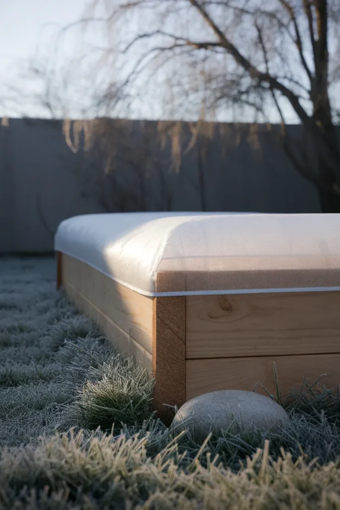 Floating row cover raised garden bed cover on a frosty spring morning