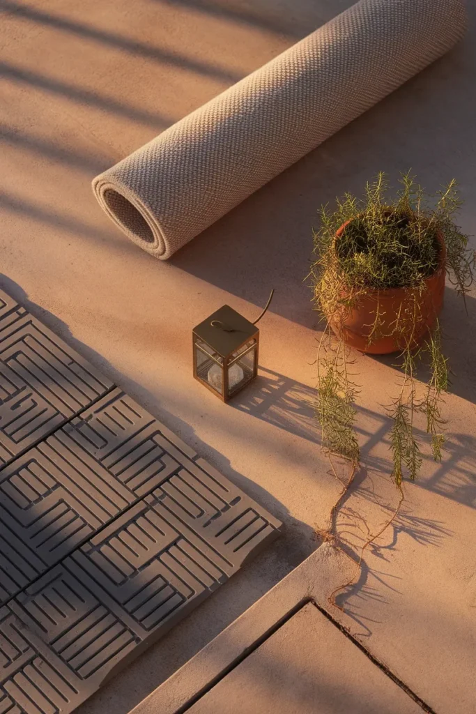 Four renter friendly backyard makeover essentials rug, deck tile, potted herb, and lantern