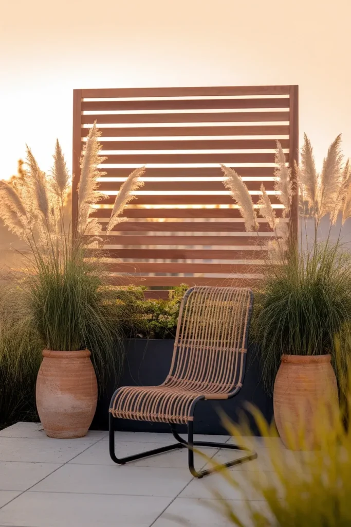 Freestanding cedar privacy screen and potted grasses in a renter friendly backyard makeover