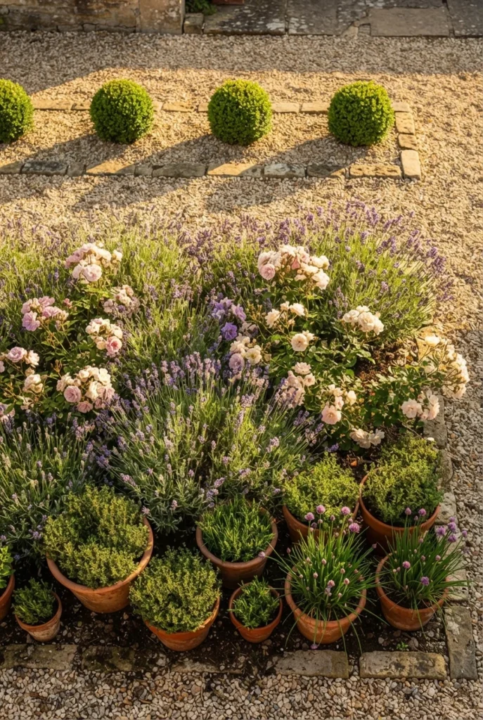 French cottage garden bed split into structure, flowers, and herbs in thirds