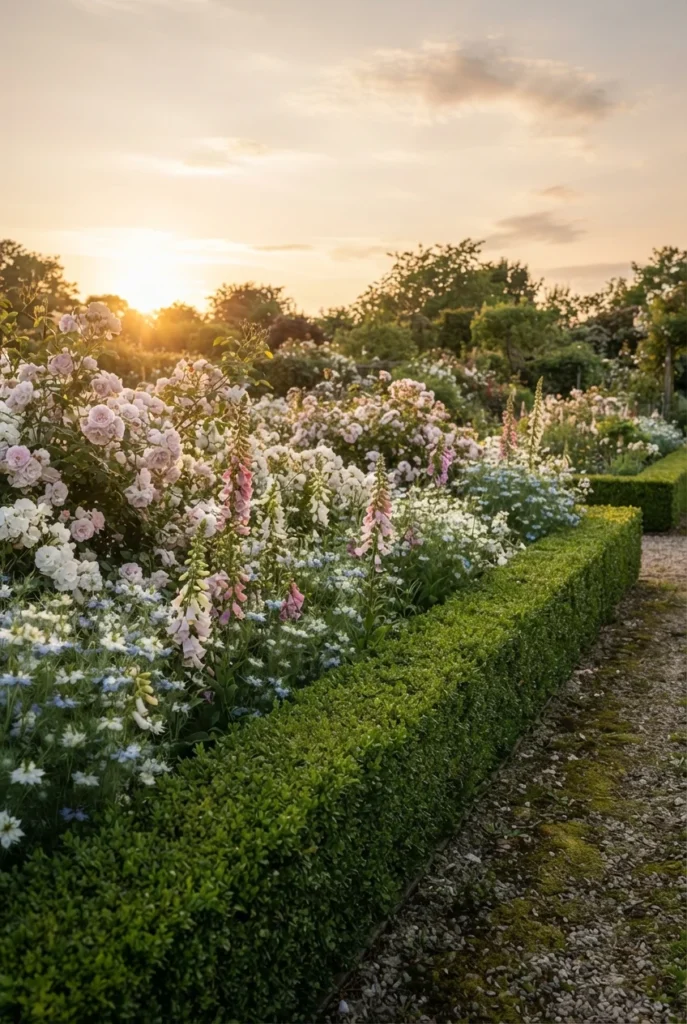 French cottage garden design showing clipped boxwood structure with loose roses behind it