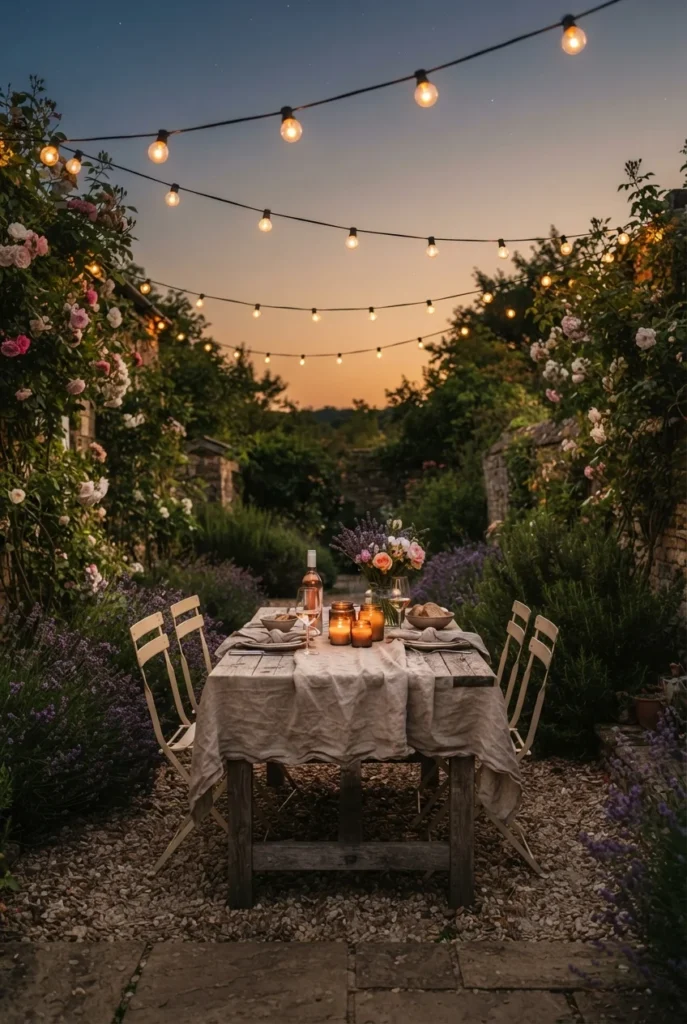 French cottage garden dinner table on gravel under warm string lights at dusk