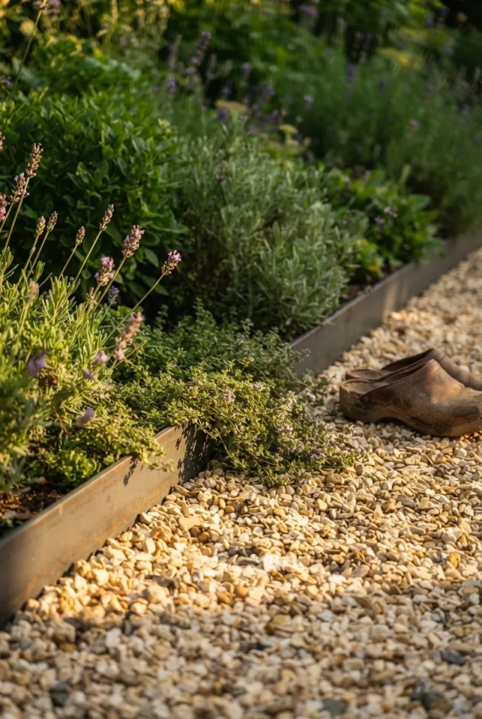 French cottage garden gravel path with crisp steel edging and lavender spilling over