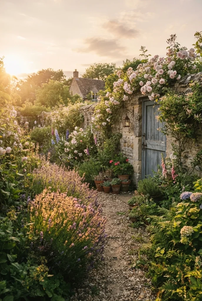 French cottage garden with gravel path, lavender row, and rose-covered gate at golden hour