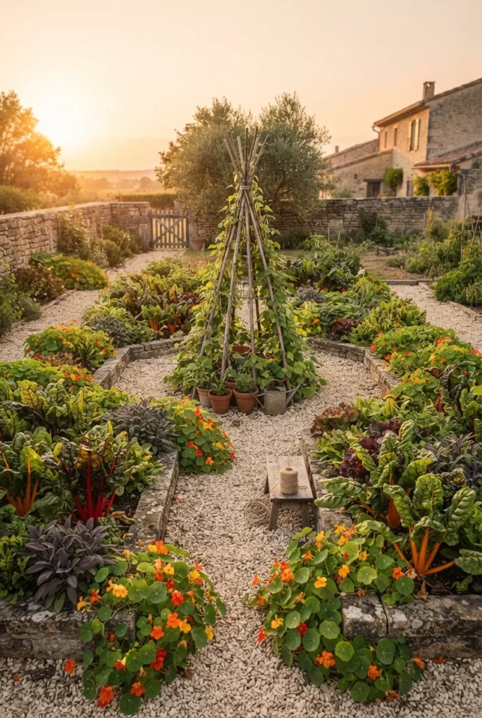 French potager kitchen garden with chard, sage, and gravel paths between stone edged beds