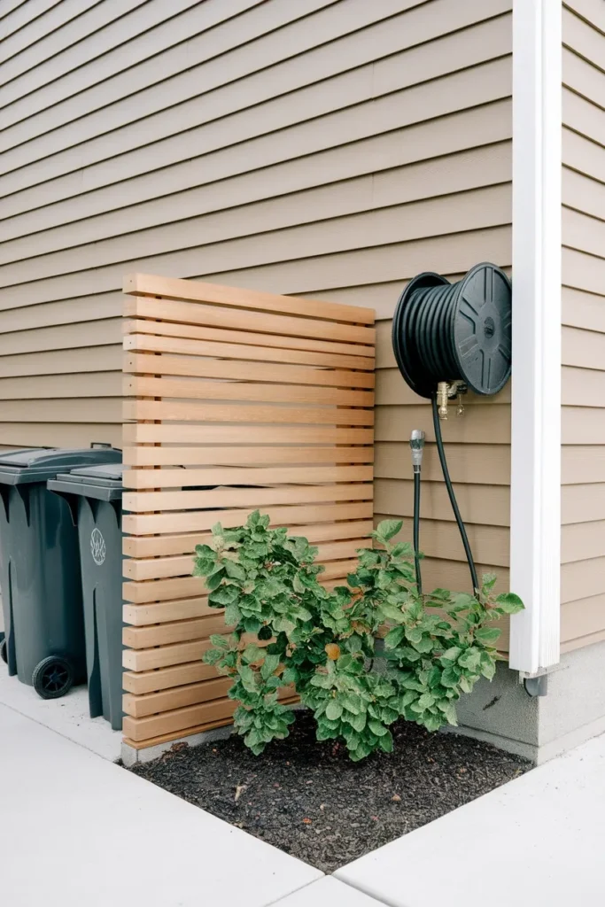 Front yard curb appeal fix screening trash bins and utility meters from the street