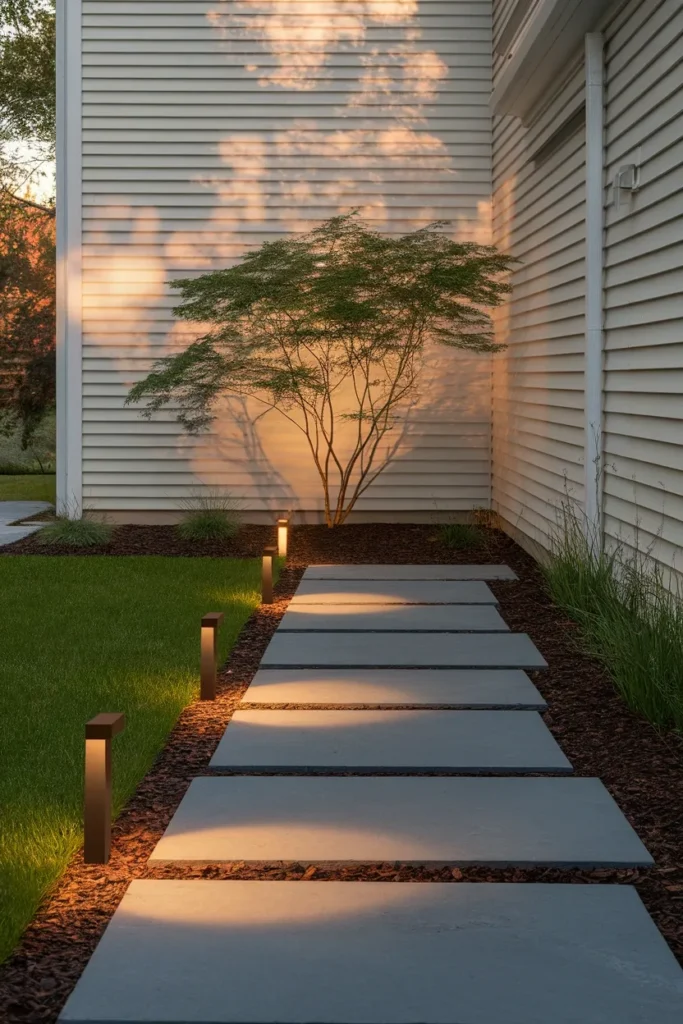 Front yard curb appeal lighting with staggered path lights and tree uplighting at dusk