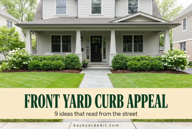Front yard curb appeal pin showing a craftsman home with deep mulched foundation beds