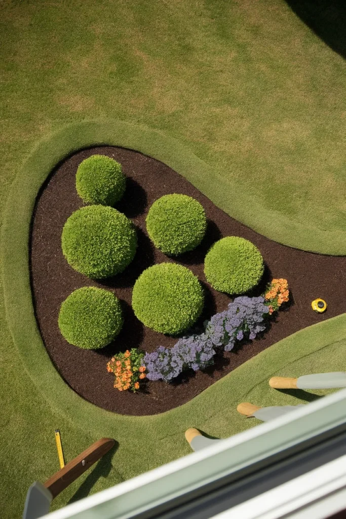 Front yard landscaping budget split shown as bed shape, large shrubs and seasonal color
