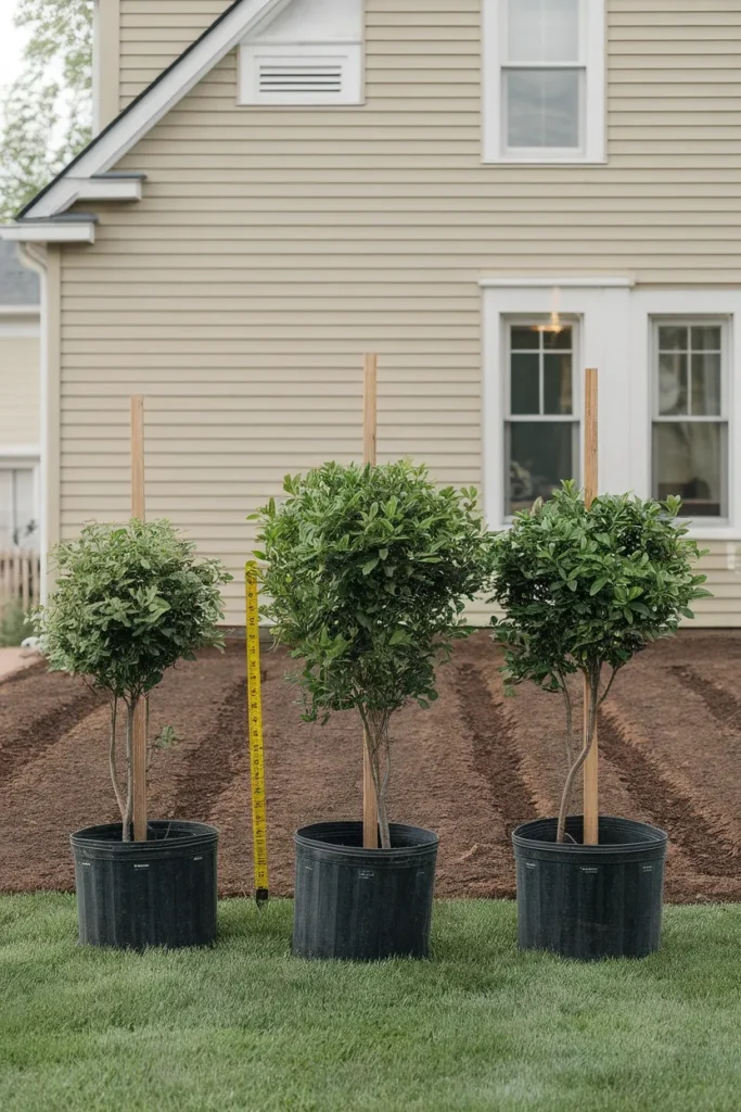 Front yard landscaping curb appeal spacing large shrubs at mature width before planting