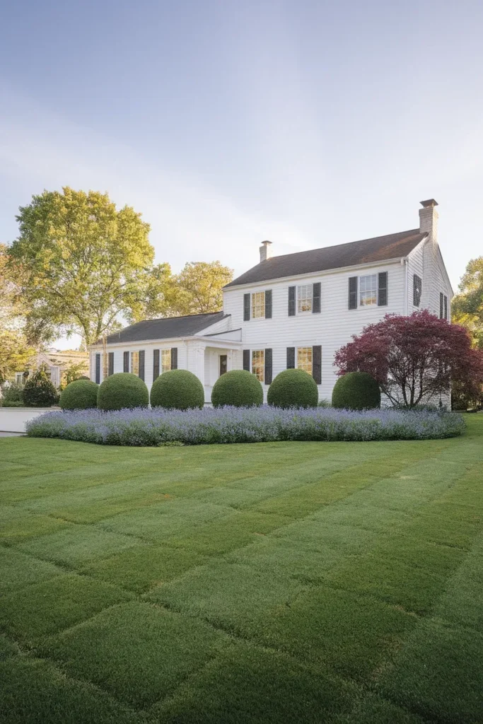 Front yard landscaping ideas for curb appeal seen from the street showing three repeated plant masses