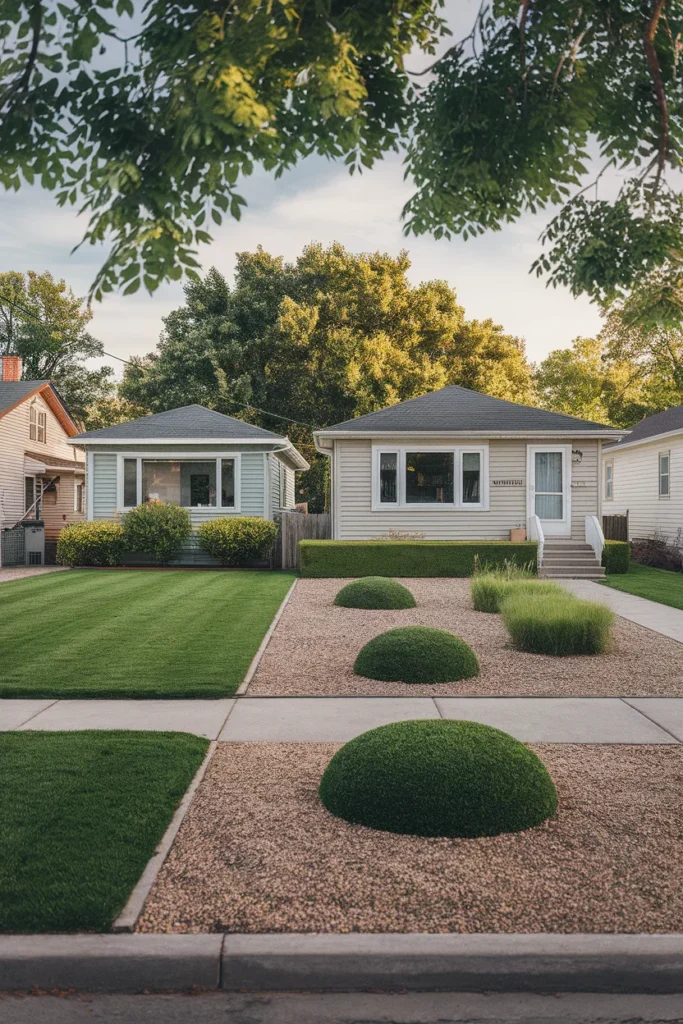 Front yard landscaping no grass ideas compared to a traditional mowed lawn next door