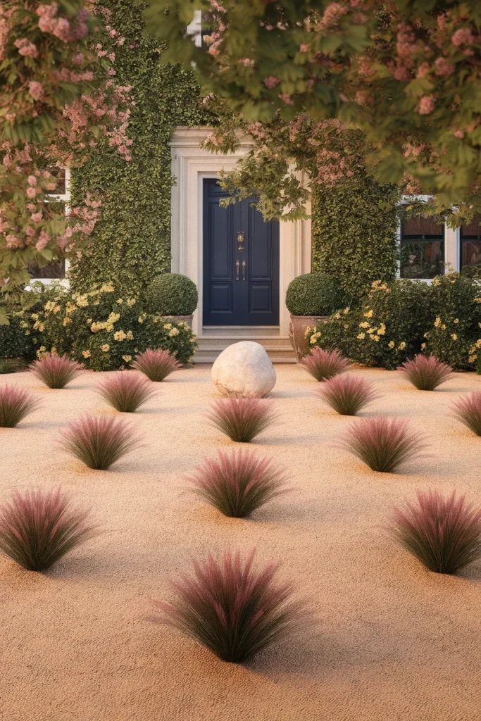 Front yard landscaping no grass ideas finished with muhly grass, gravel and a boulder focal point