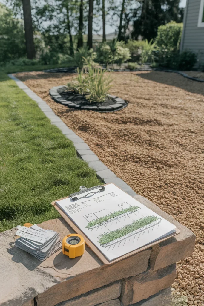 Front yard landscaping no grass ideas planning sheet for HOA approval and turf rebates