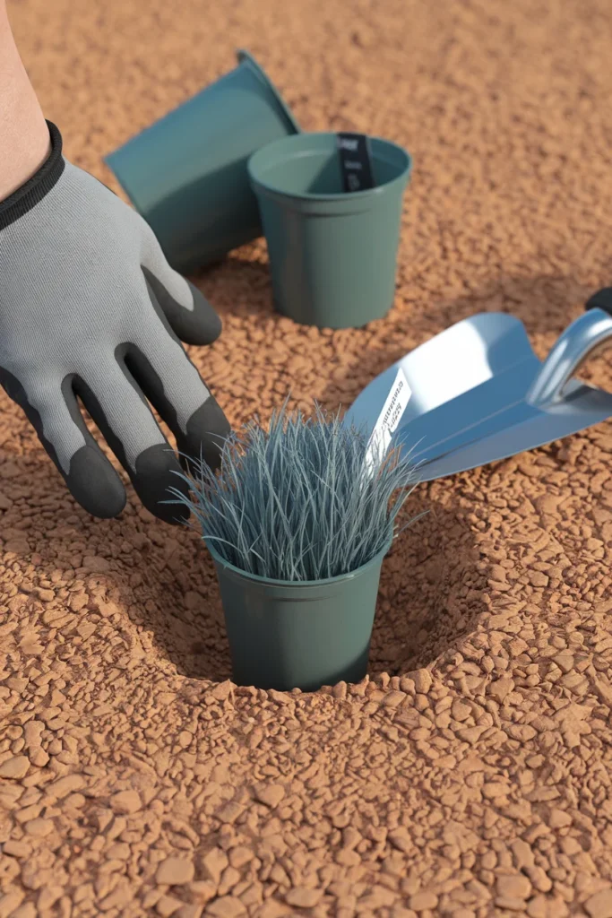 Front yard landscaping no grass ideas planting zone-appropriate blue fescue in gravel