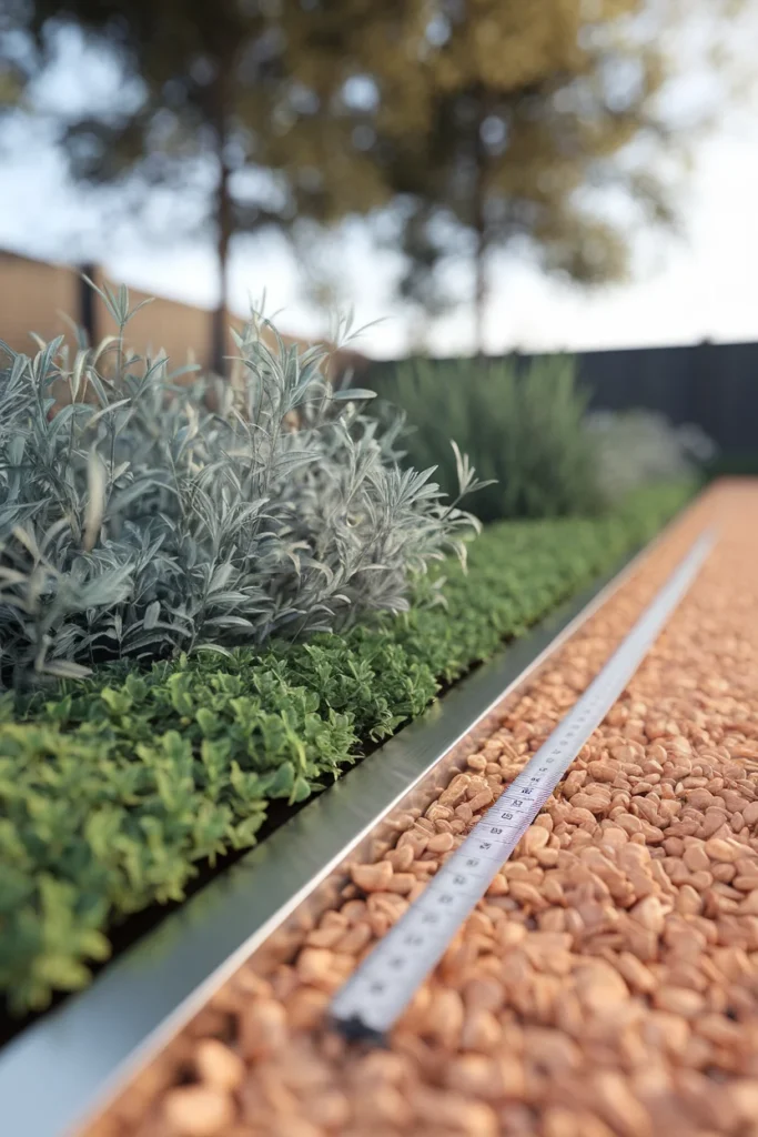Front yard landscaping no grass ideas showing steel edging and correct gravel depth