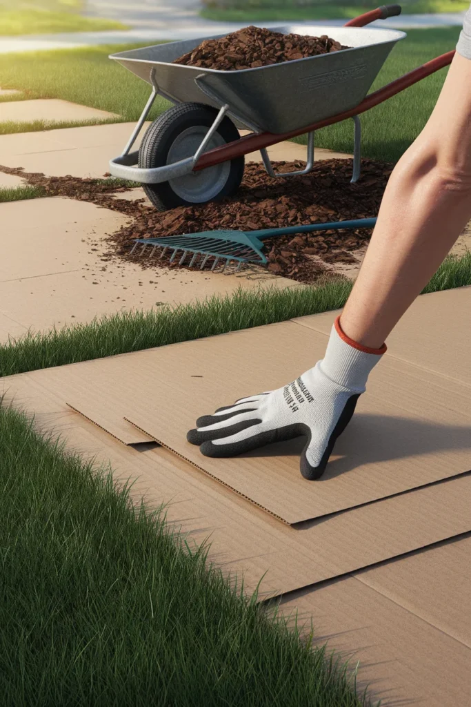 Front yard landscaping no grass ideas start with sheet mulching cardboard over turf