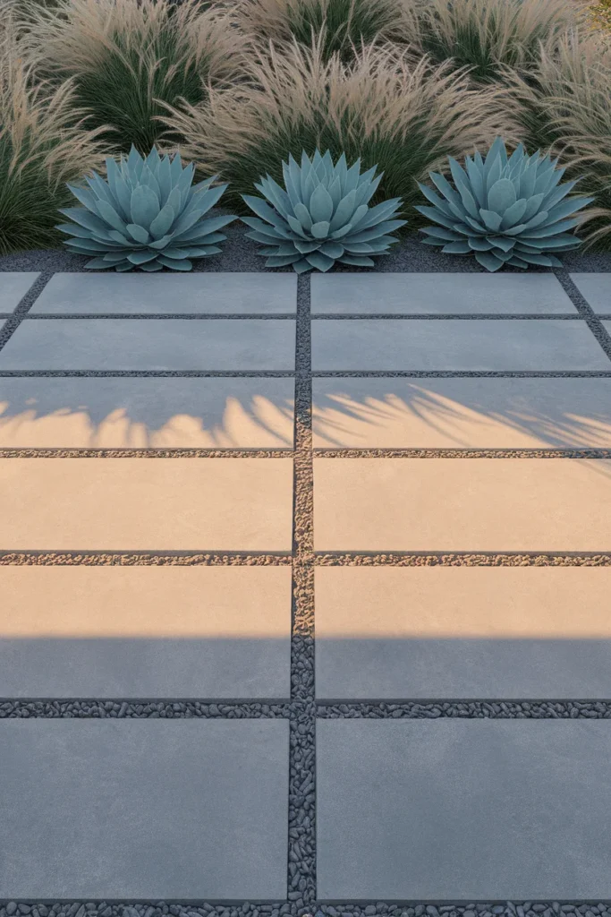 Front yard landscaping no grass ideas using a paver grid with pea gravel joints