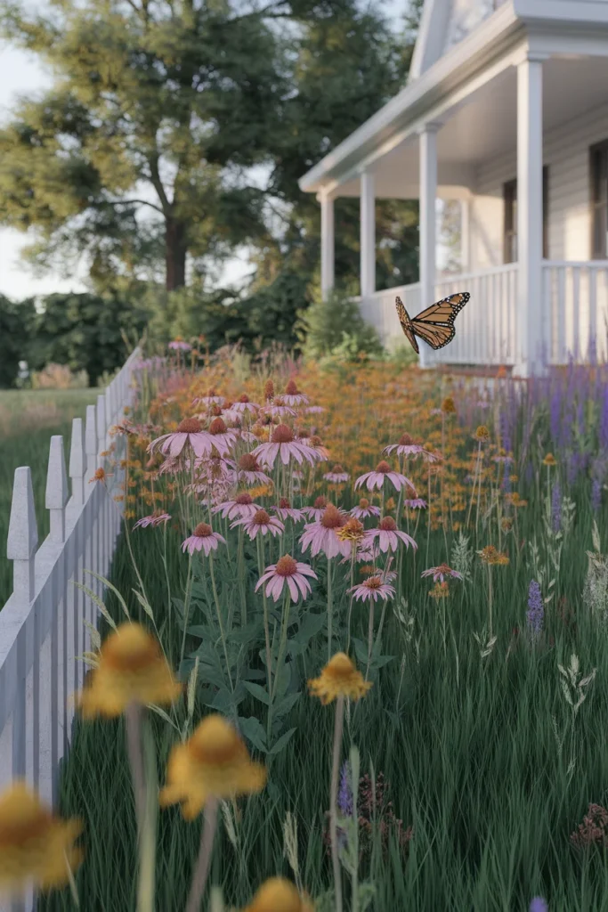 Front yard landscaping no grass ideas with a native pollinator meadow of coneflower and yarrow
