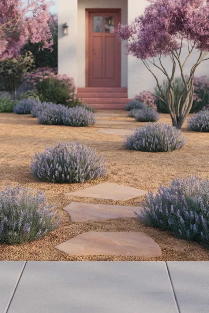 Front yard landscaping no grass ideas with decomposed granite, blue fescue and flagstone steppers