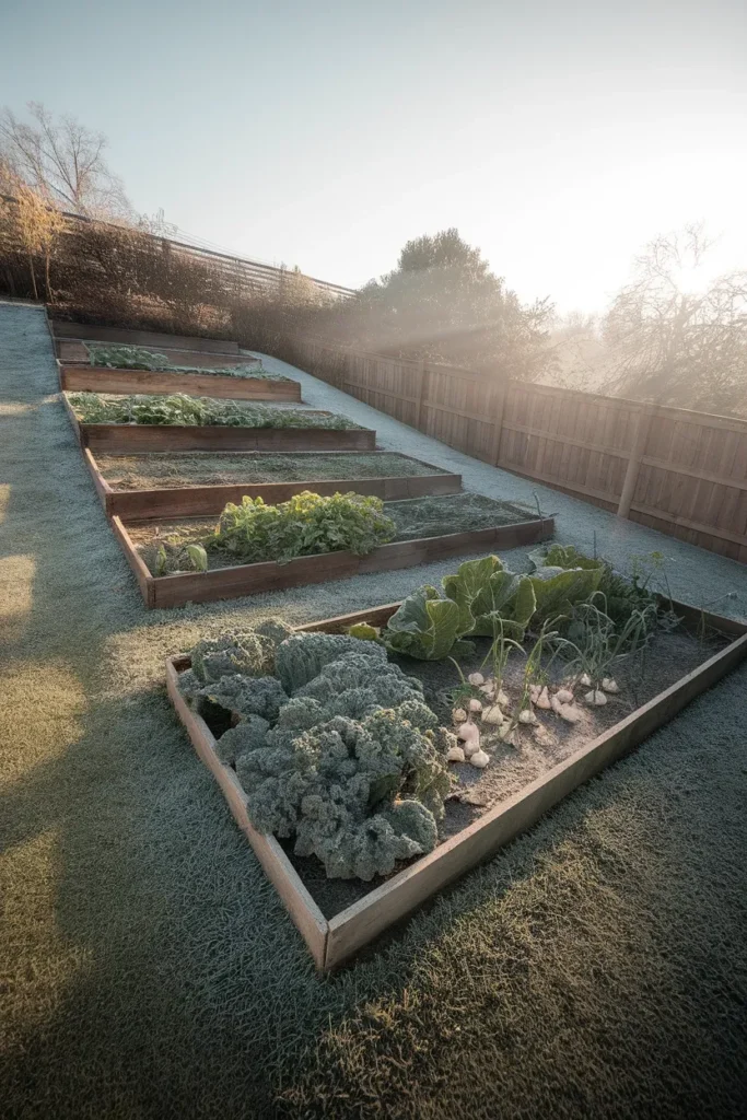 Frost settling on the lowest of several raised garden beds on a slope in spring