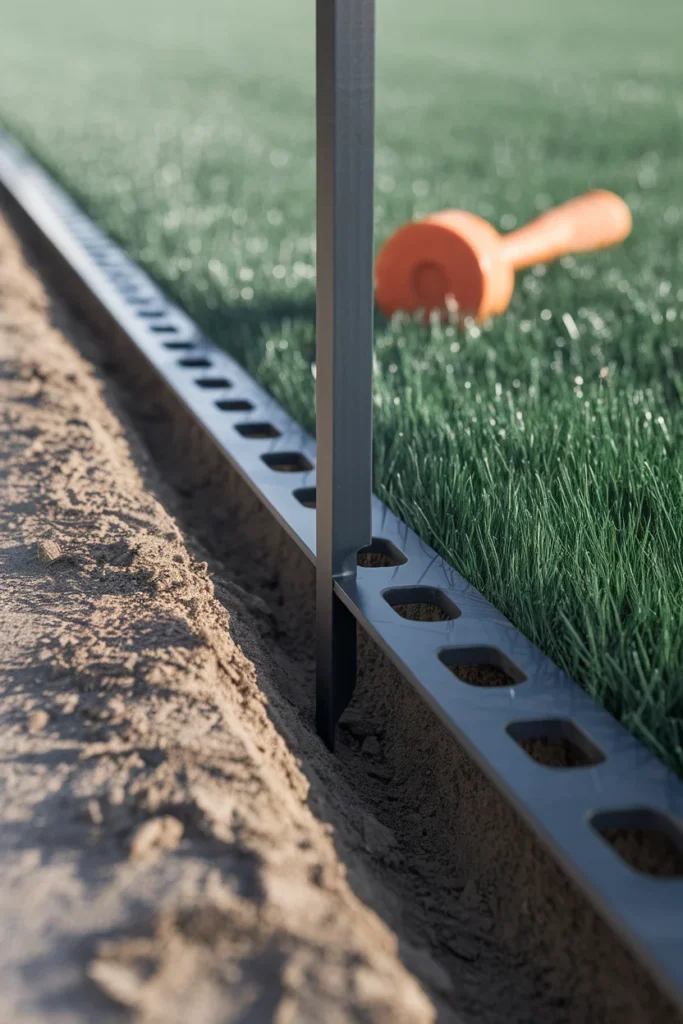 Garden edging ideas depth guide showing long steel stakes set to resist frost heave