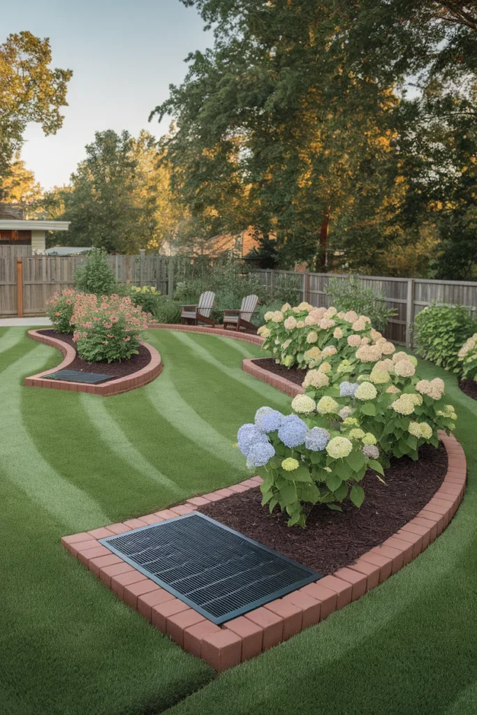 Garden edging ideas finished across a full backyard with brick and steel borders