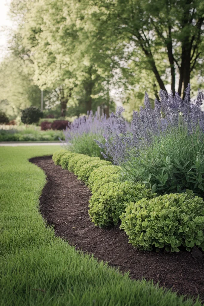 Garden edging ideas shown as a crisp trench edge between mulch and green lawn