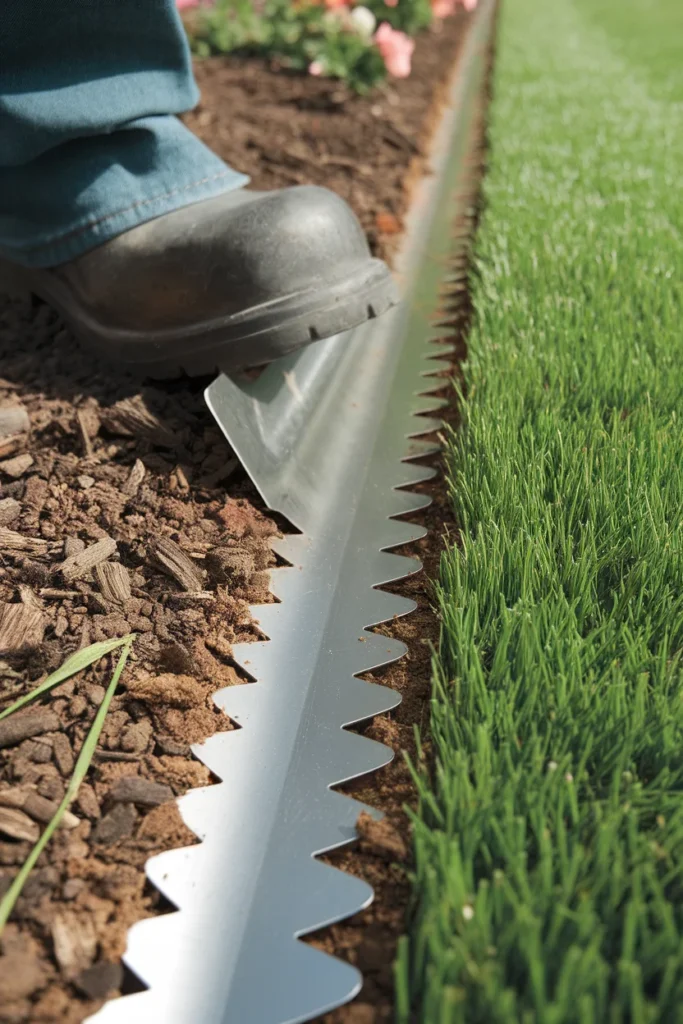 Garden edging ideas start with a half moon edger cutting an angled trench line