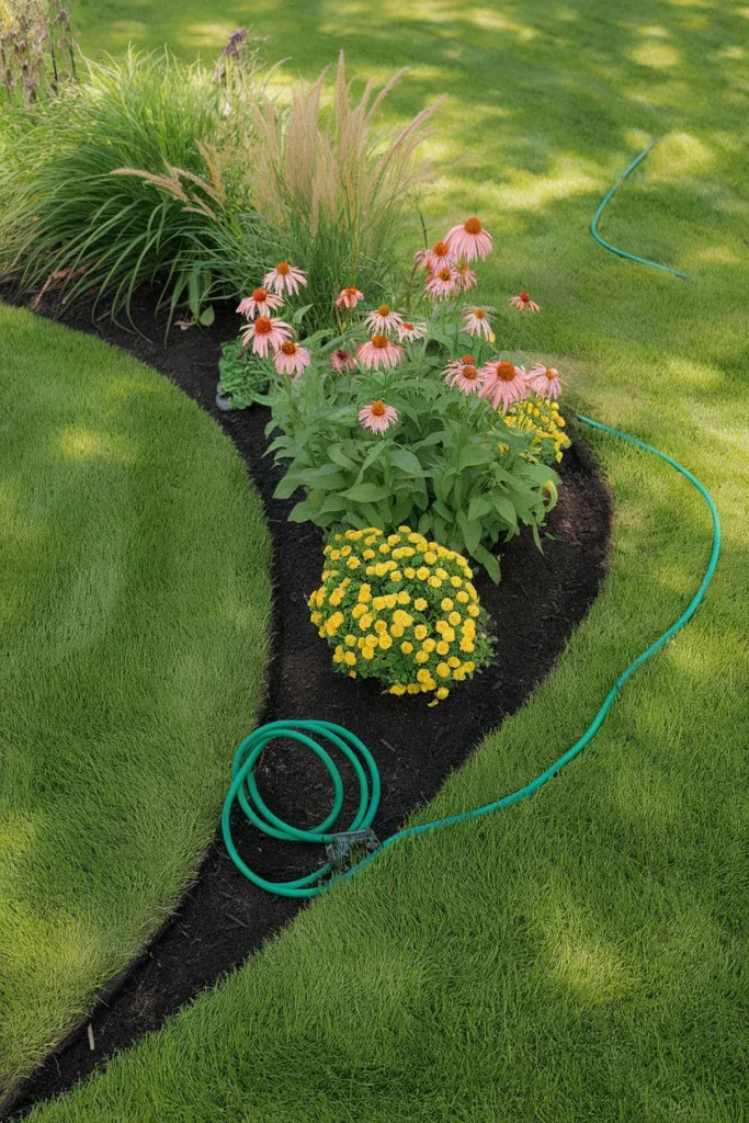 Garden edging ideas using a free trench edge to define a curved backyard bed