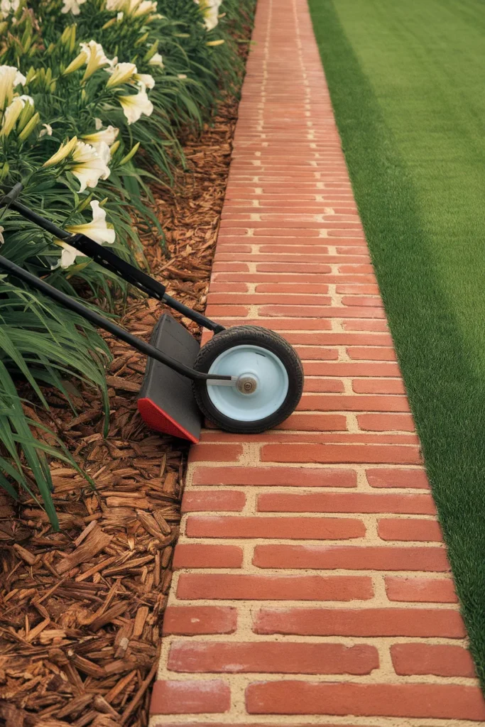 Garden edging ideas using flush brick pavers as a mowing strip beside a bed
