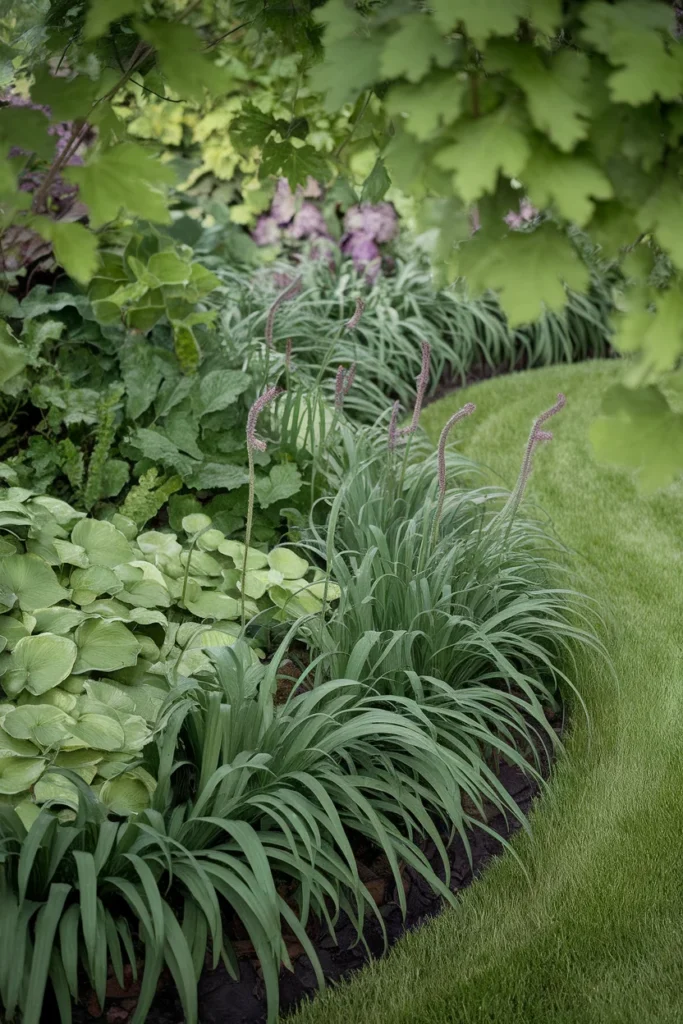 Garden edging ideas using liriope as a living border along a shaded curved bed