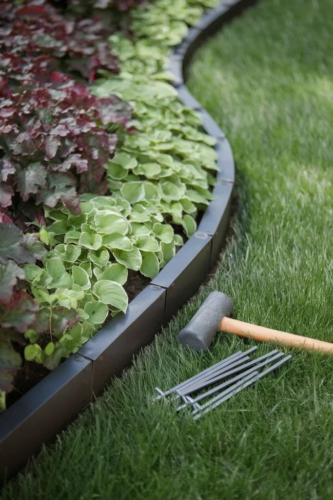 Garden edging ideas with steel strip edging holding a long smooth curve