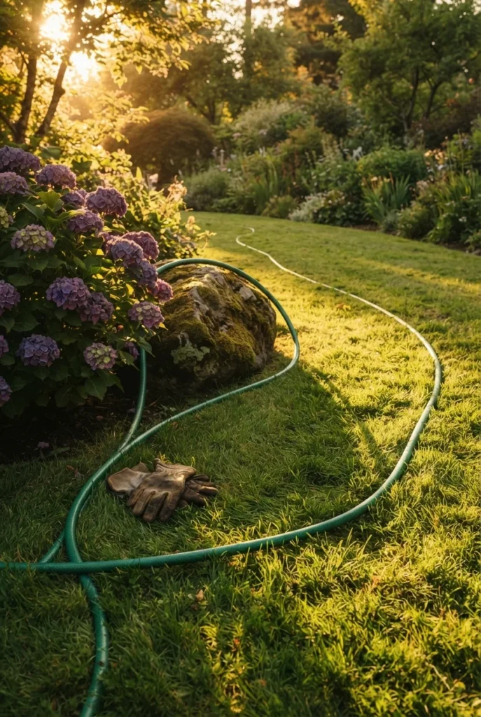 Garden hose marking a curved cottage garden path route around a hydrangea and boulder