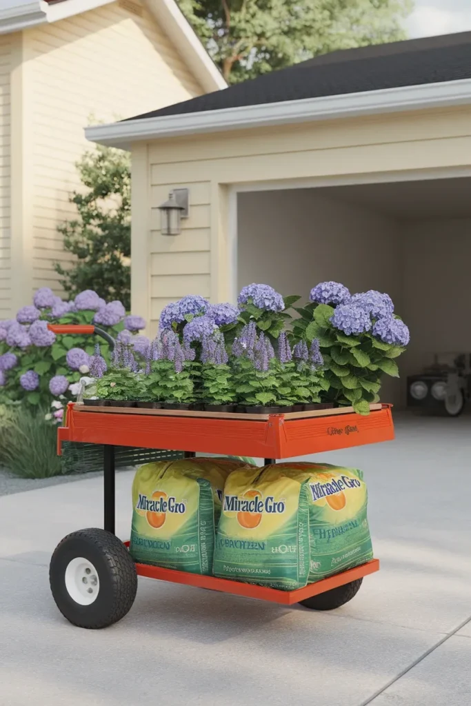 Garden ideas front of house budget haul with bagged soil and shrubs on a cart