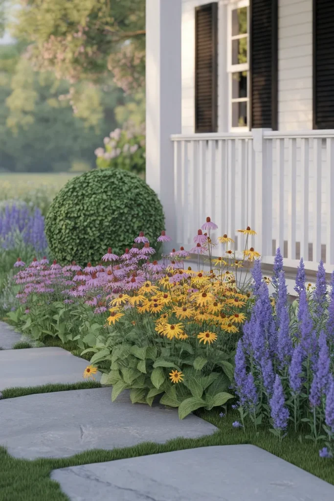 Garden ideas front of house cottage border with coneflower and black-eyed Susan