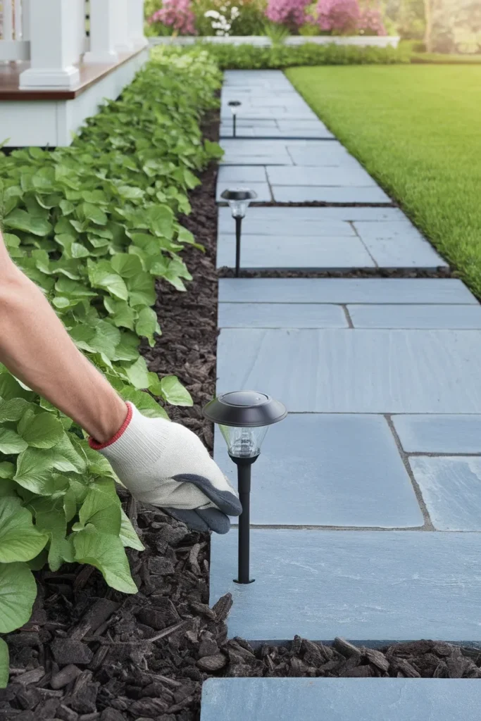 Garden ideas front of house installing solar path lights along a paver walkway
