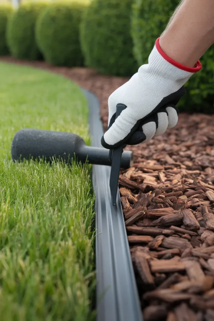 Garden ideas front of house steel edging install for a clean mulch bed line