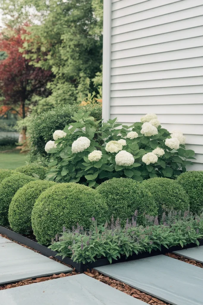 Garden ideas front of house with layered boxwood, hydrangea and catmint foundation bed