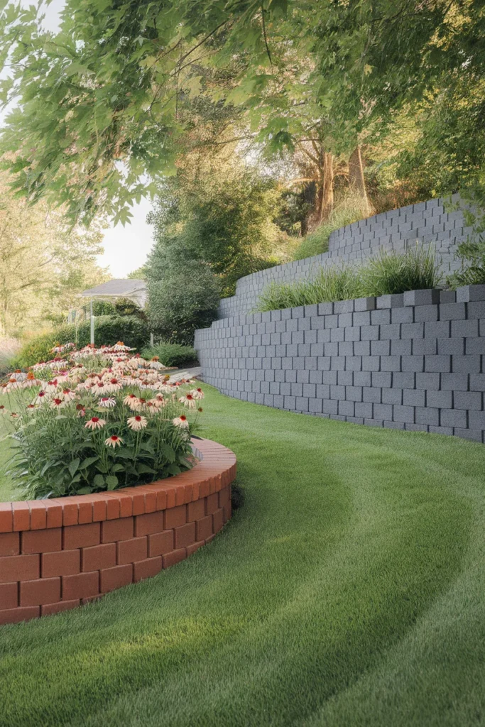 Garden wall ideas comparing a low freestanding brick edge with a block retaining wall on a slope