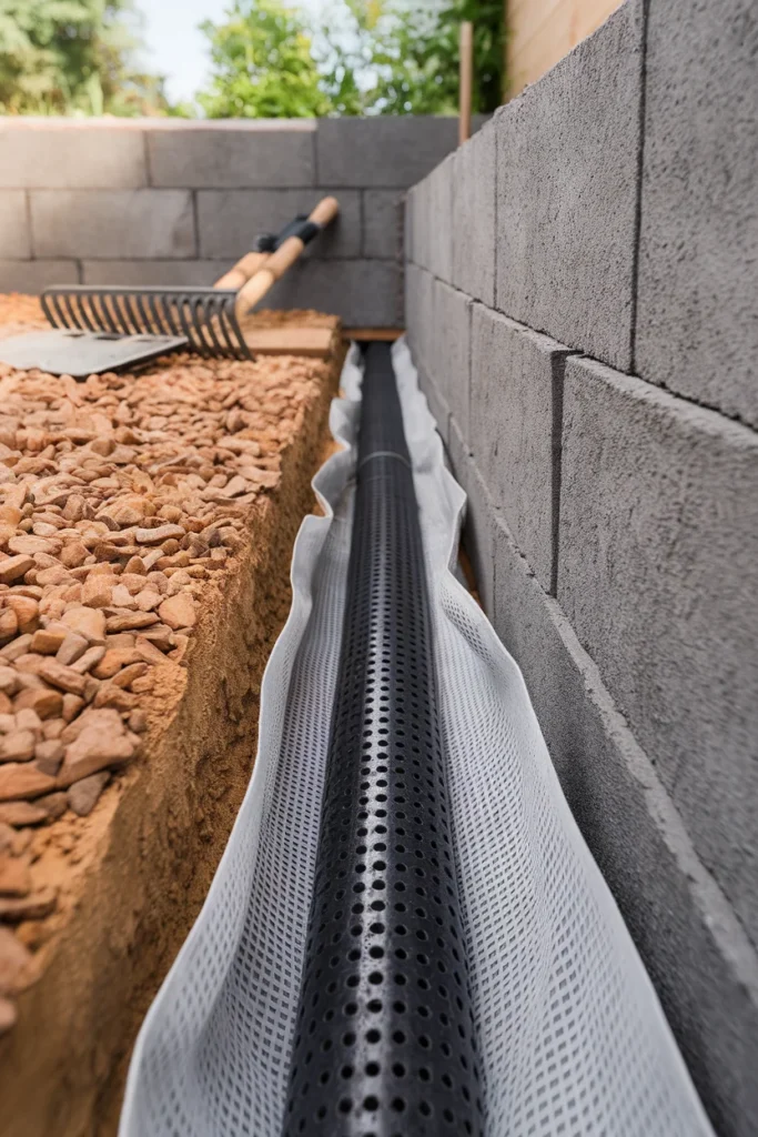 Garden wall ideas drainage detail with gravel backfill and perforated drain pipe behind the base course